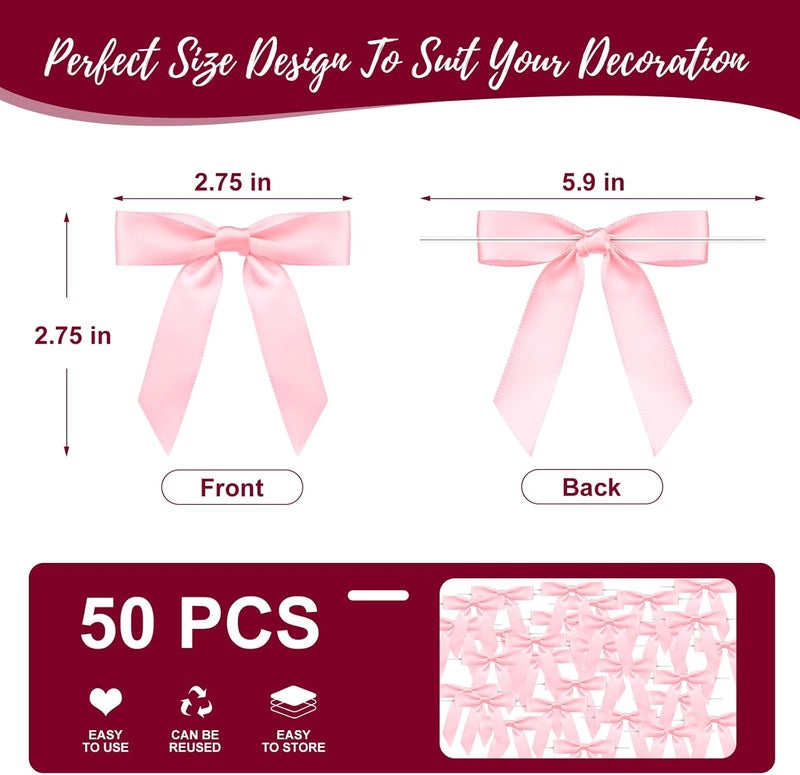 Sokfone Satin Ribbon Haze Pink Bow Decor 2.5" Premade Haze Pink Twist Tie Bows for Gift Wrapping Bow for Treat Bags Party Favors Wedding Decorations - 50 Counts - Image 3